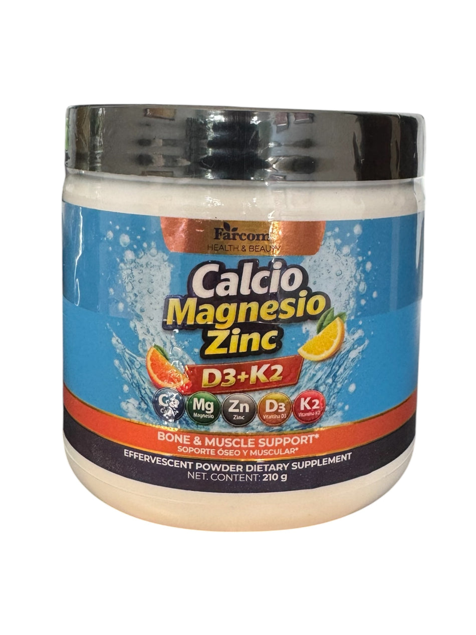 Calcio + Magnesio + Zinc + D3 + K2 / Bones & Muscle Support / 210g / Effervescent Powder / Orange Flavor