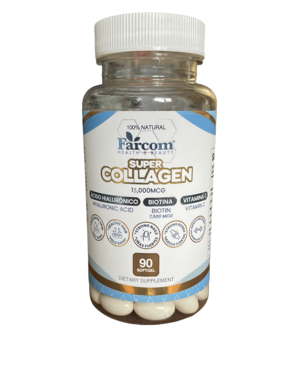 Super Collagen - 15,000MCG - Biotina/ Acido Hyaluronico / Vitamina C / 90 Softgels Capsulas